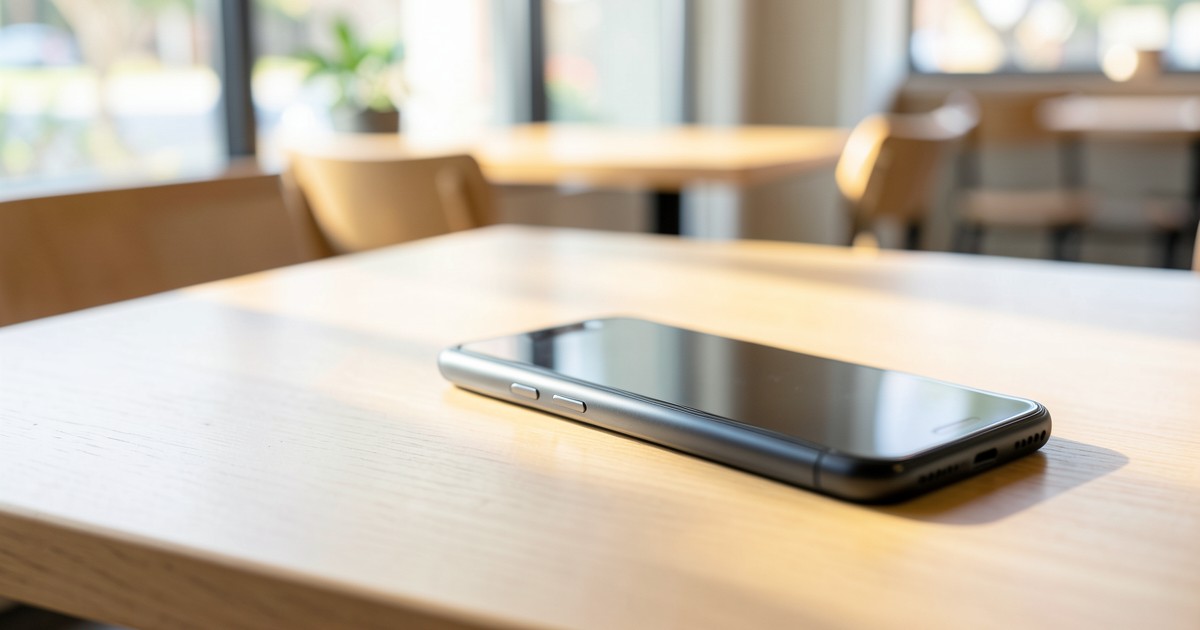 カフェのテーブルに置かれたスッキリとしたデザインのモバイルバッテリーとスマートフォン