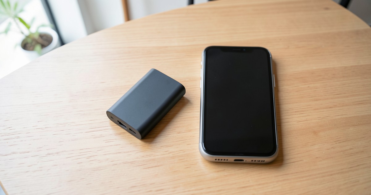 木のテーブルの上に置かれたコンパクトなモバイルバッテリーとスマートフォンの風景。