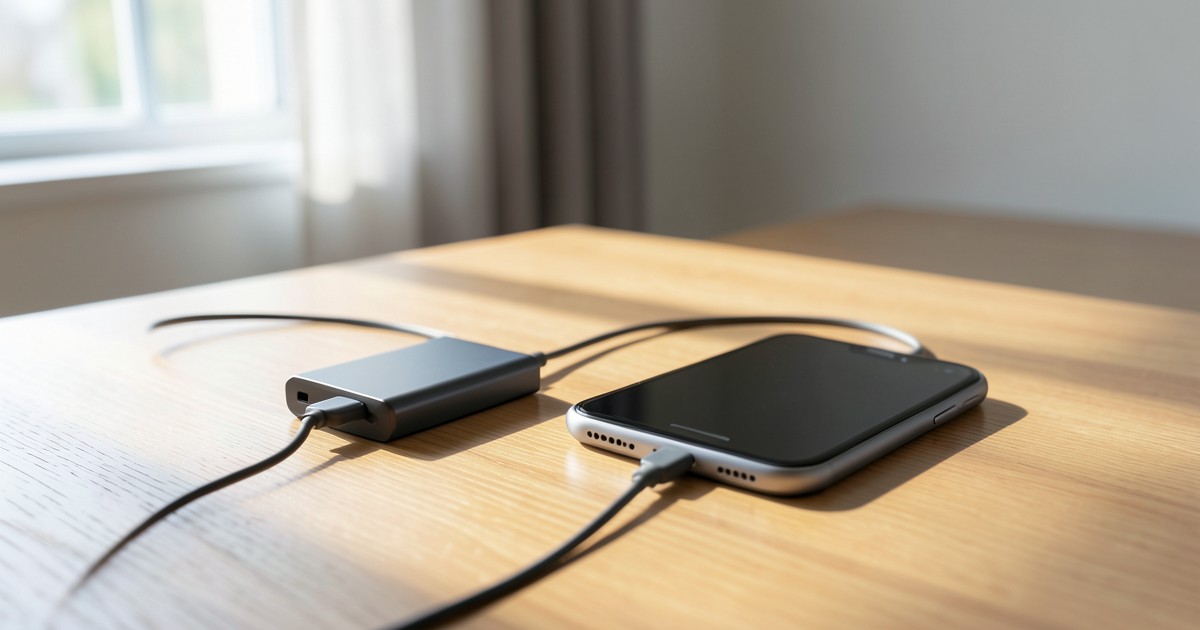 木製のテーブルの上で充電中のスマートフォンと高品質なモバイルバッテリーの様子