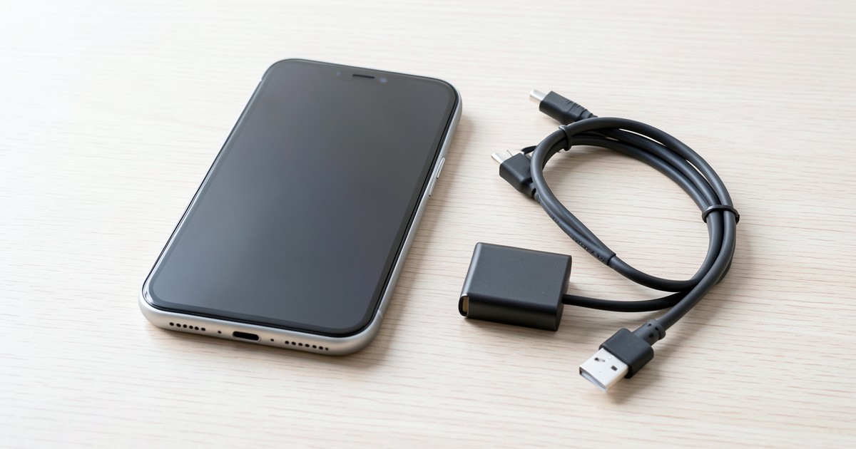 木製のテーブルの上に置かれたスマートフォン、モバイルバッテリー、および充電ケーブルの様子