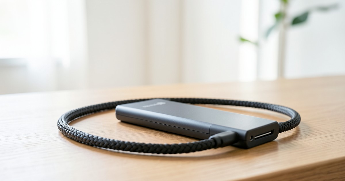 木のテーブルの上に置かれたモバイルバッテリーと充電ケーブルの風景。