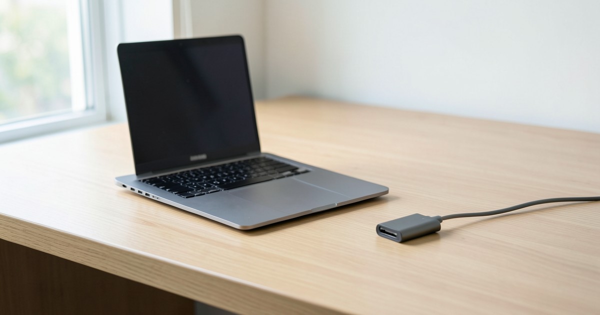 木製デスクの上でノートパソコンと小型のモバイルバッテリーが充電されている風景