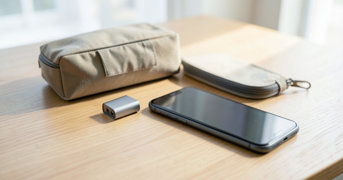 木のデスクの上に置かれたコンパクトなモバイルバッテリーとスマートフォンの様子。