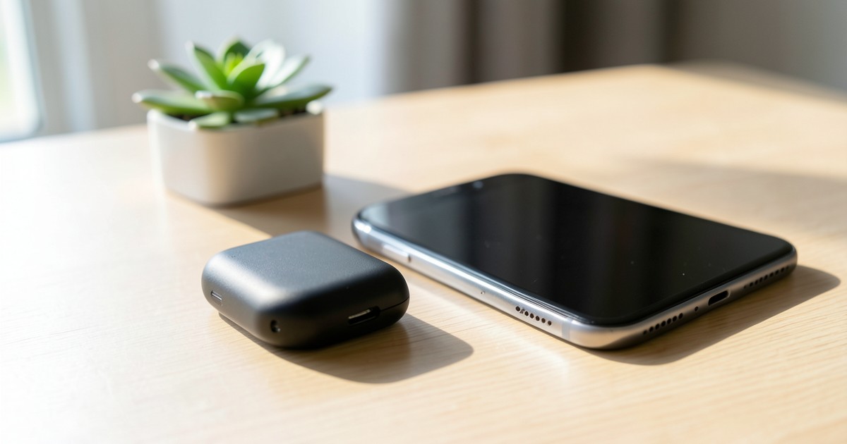木製のデスクの上に置かれた、シンプルでスタイリッシュなモバイルバッテリーとスマートフォンの風景。