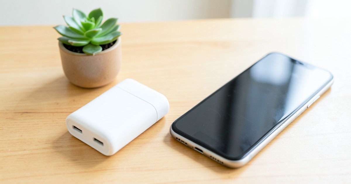 木目調のデスクに置かれた、スタイリッシュな軽量モバイルバッテリーとスマートフォンの様子。