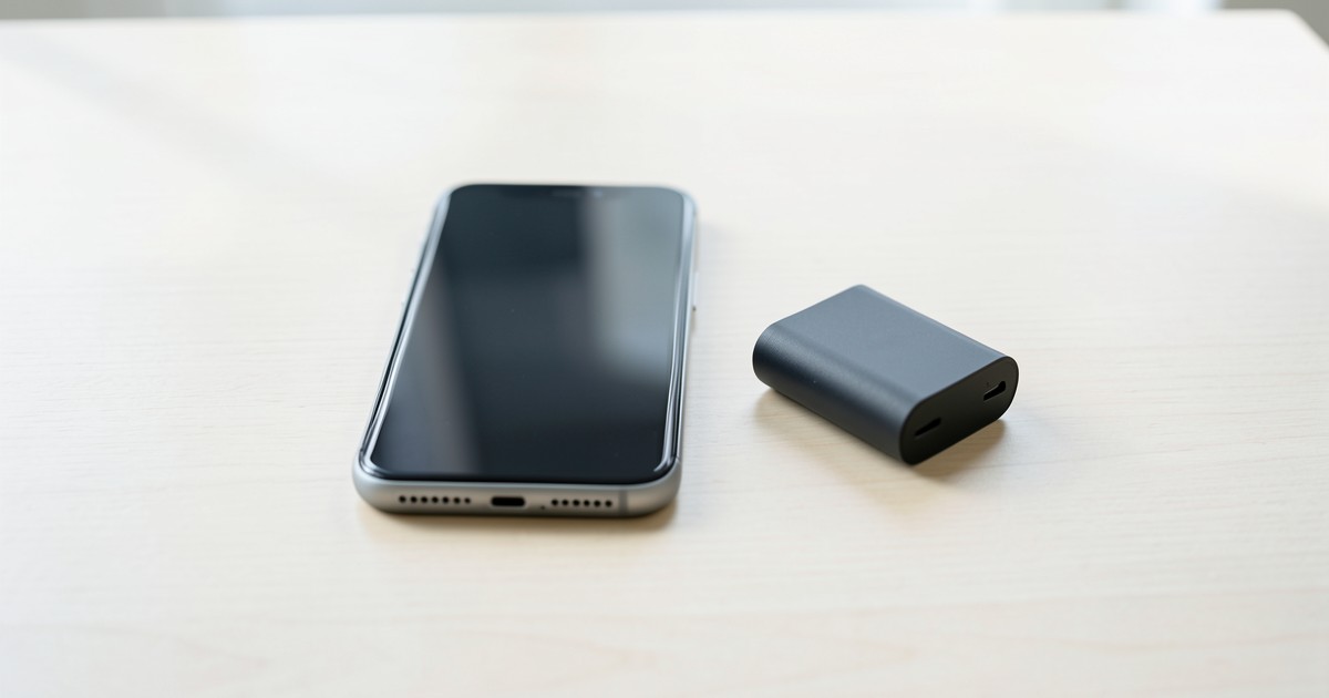 木のテーブルの上に置かれたスマートフォンとコンパクトなモバイルバッテリー。