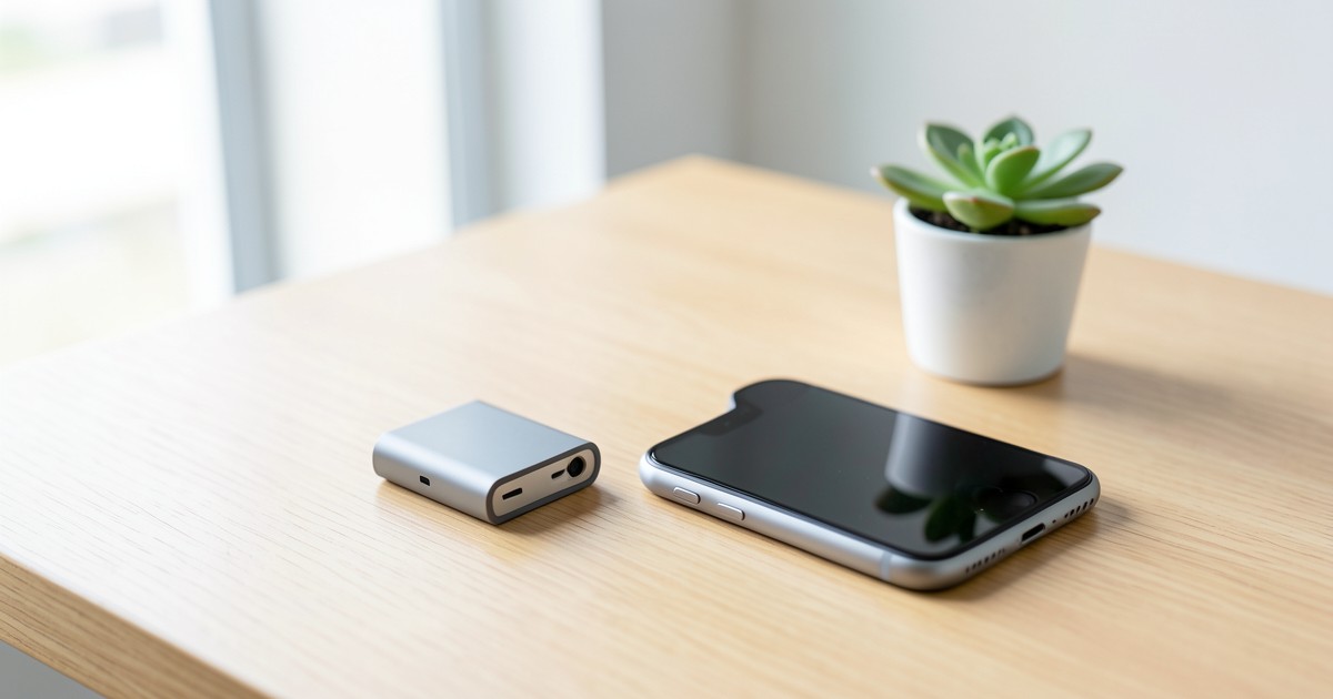 木目調のデスクの上に置かれた、スタイリッシュでコンパクトなモバイルバッテリーとスマートフォンの風景
