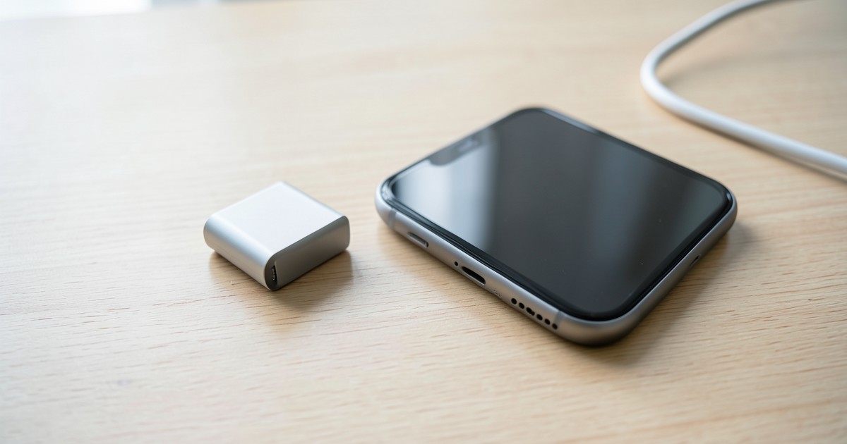 木目調のデスクの上に置かれたスマートフォンの充電用モバイルバッテリーとケーブルの風景