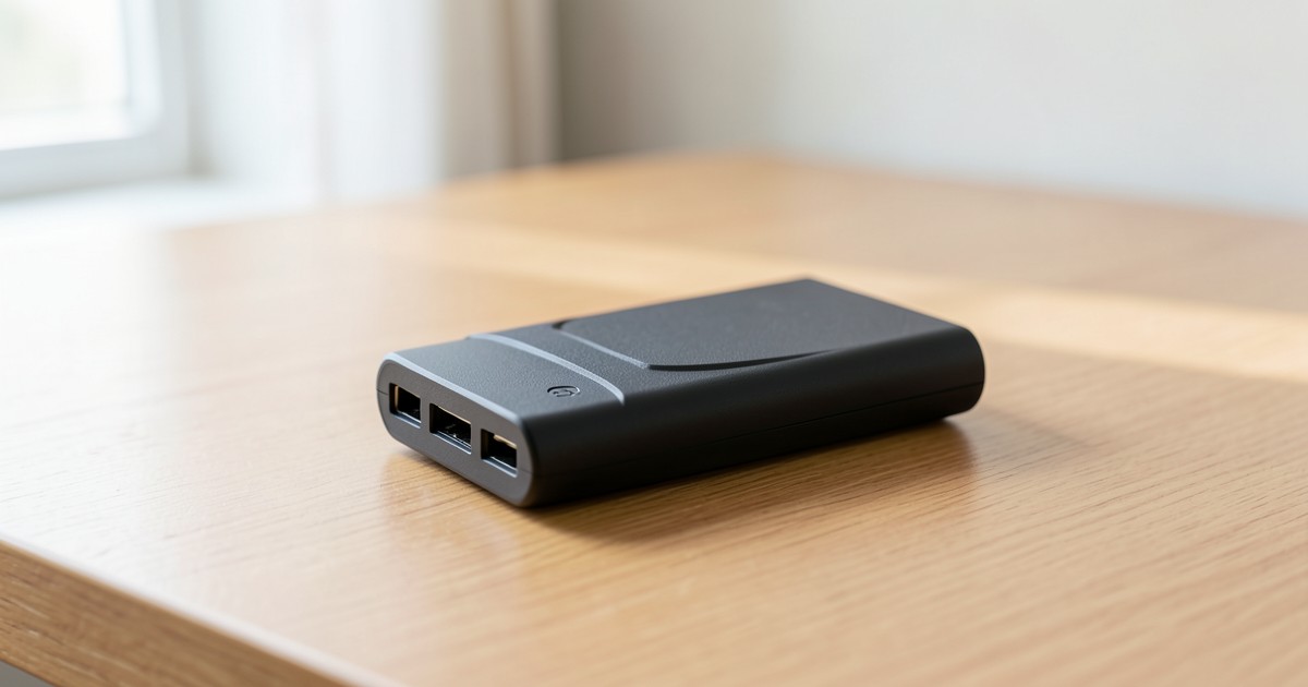 マットな質感と溝の入った、滑り止め加工が施されたモバイルバッテリーのクローズアップ
