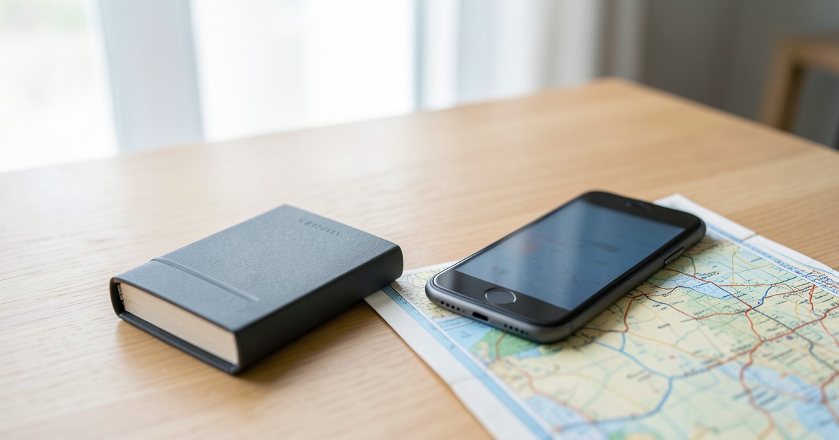 旅行の持ち物（パスポート、スマホ、モバイルバッテリー）がテーブルに置かれた様子