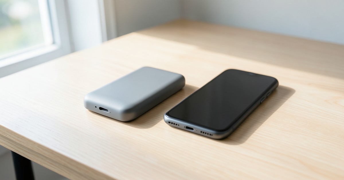 木のデスクの上に置かれたスマートフォンの横にある、コンパクトでスタイリッシュなモバイルバッテリー。