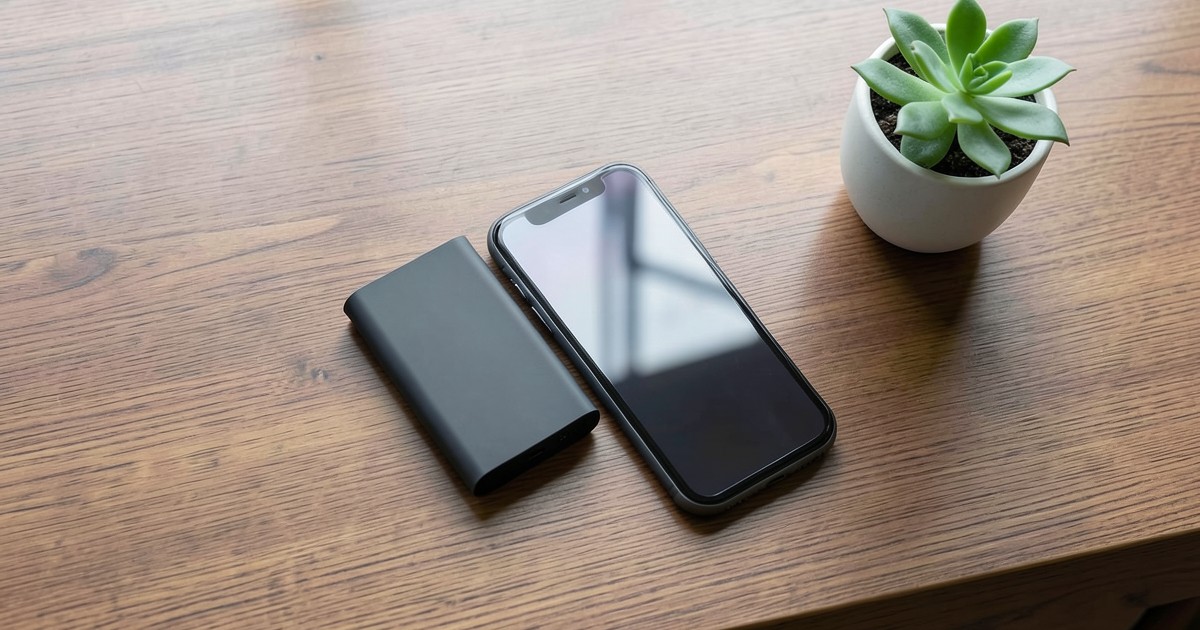 木のデスクの上に置かれた、スタイリッシュなモバイルバッテリーとスマートフォンの様子。
