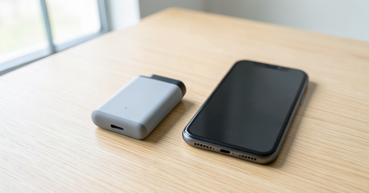 清潔な木のデスクの上に置かれた、洗練されたデザインのモバイルバッテリーとスマートフォン。