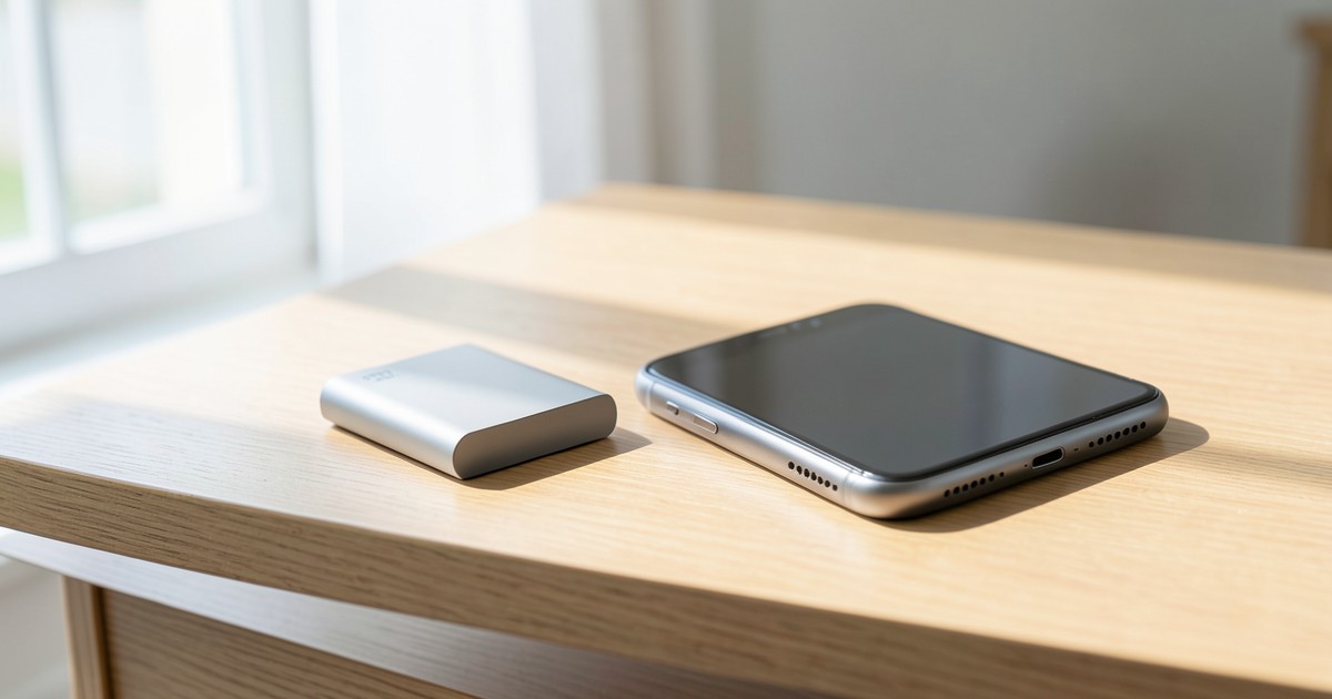 テーブルの上に置かれた、洗練されたデザインのモバイルバッテリーとスマートフォンの画像。
