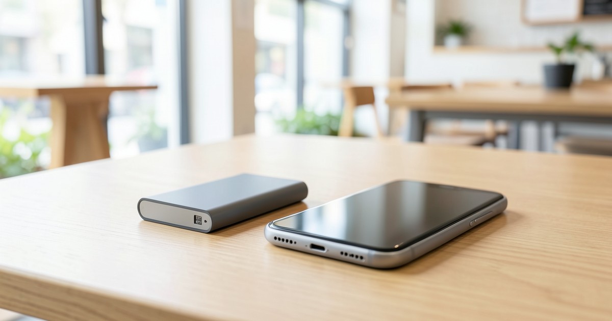 カフェのテーブルの上にあるスタイリッシュなモバイルバッテリーとスマートフォンの風景。