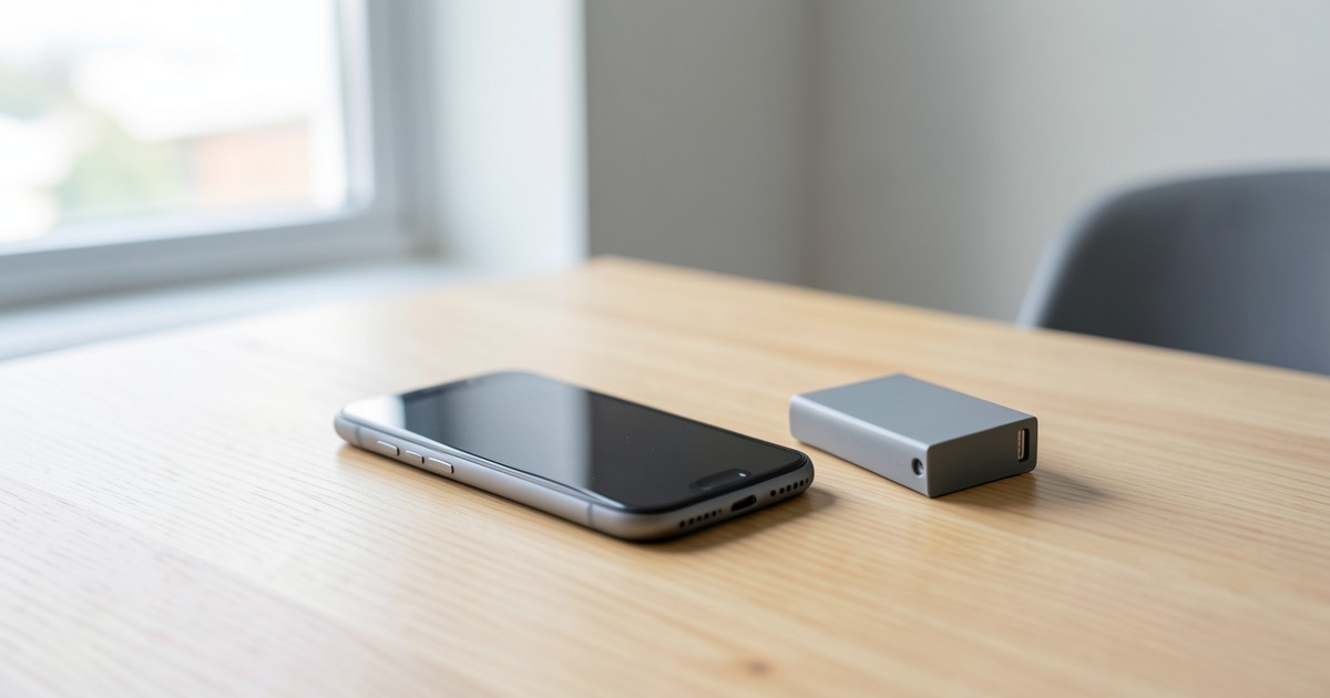 デスクの上に置かれたスマートフォンと小型のモバイルバッテリーのイメージ。