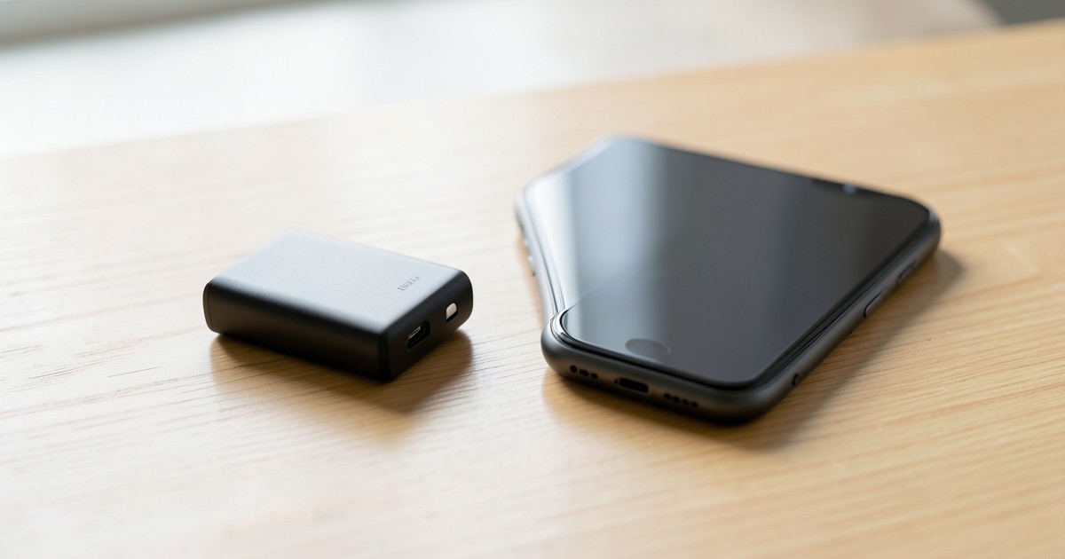 木のデスクの上に置かれたスマートなモバイルバッテリーとスマートフォンの様子。