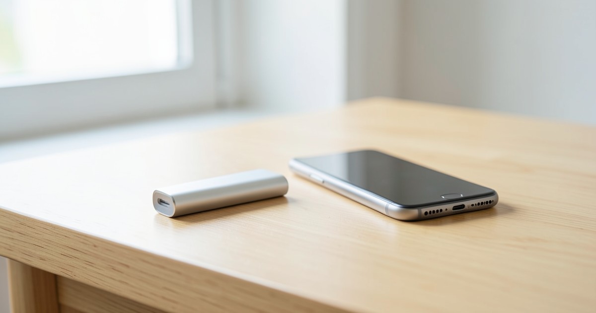 木のテーブルの上に置かれた、スリムでスタイリッシュなモバイルバッテリーとスマートフォンの風景。