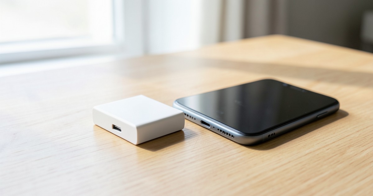 木目調のデスクの上に置かれた、シンプルで軽量なデザインのモバイルバッテリーとスマートフォン。