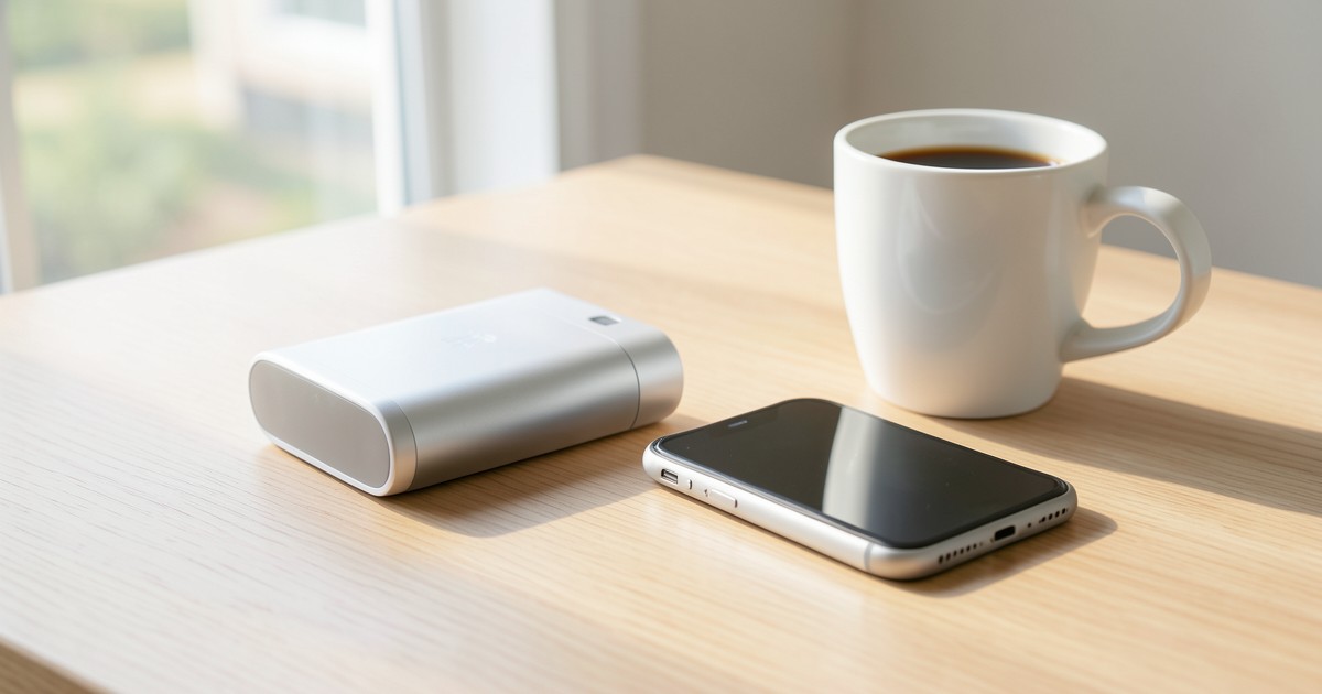 木製のデスクの上に置かれた、洗練されたデザインの軽量モバイルバッテリーとスマートフォンの風景