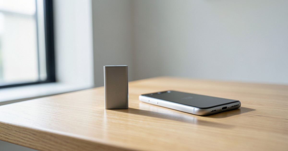 木製のテーブルの上に置かれた、スタイリッシュで高品質なモバイルバッテリーとスマートフォンの風景。