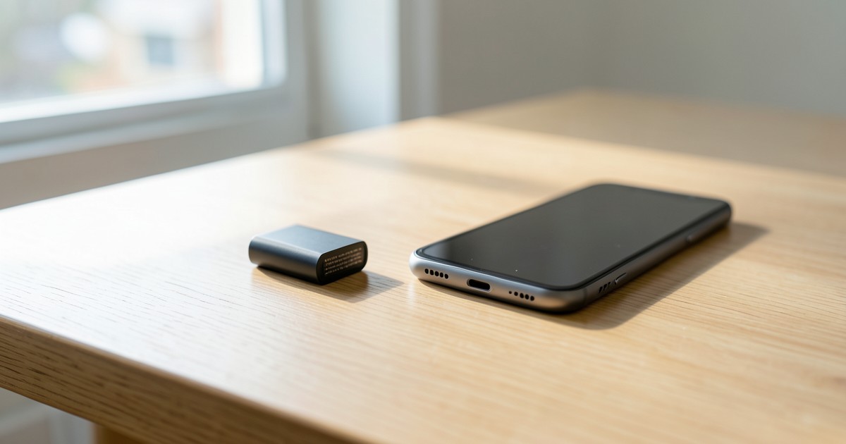 木のテーブルの上に置かれたスマートフォンの横にある小型のモバイルバッテリー。