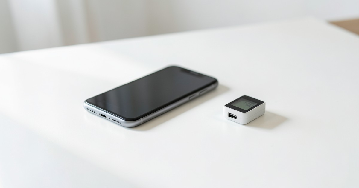 デスクの上に置かれたスマートフォンとデジタル表示付きのモバイルバッテリー
