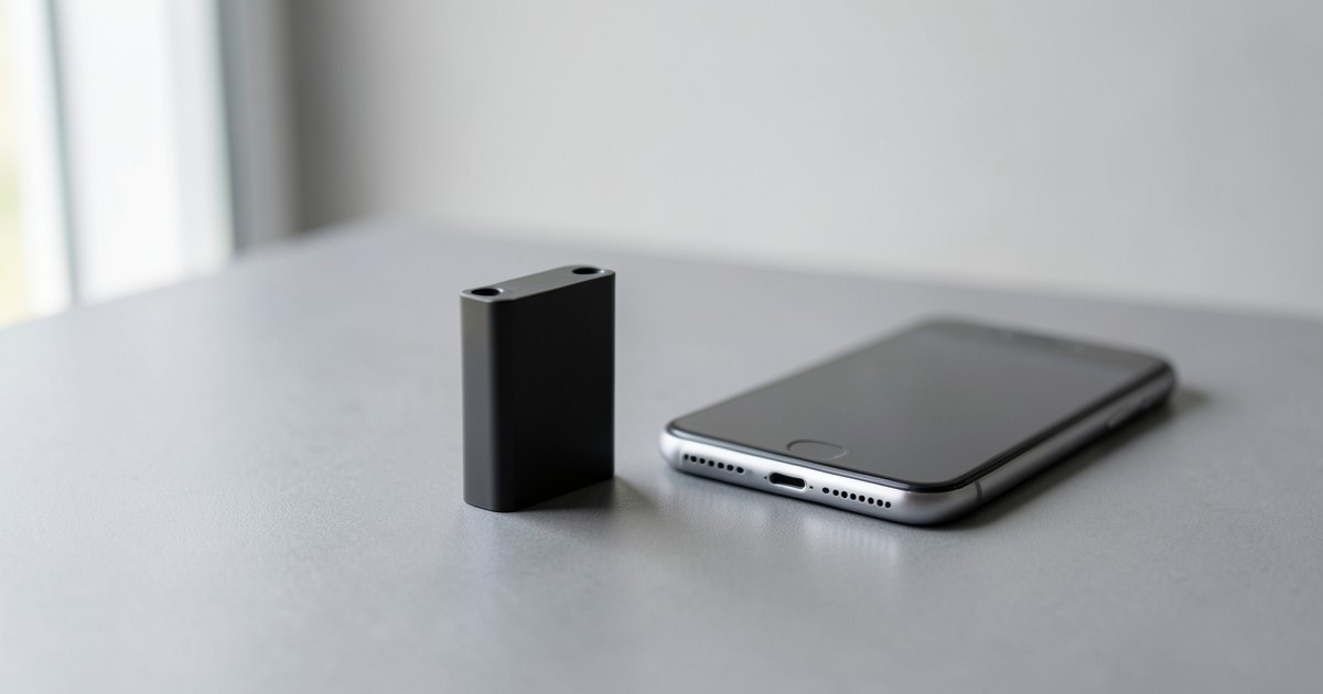 洗練されたデザインのモバイルバッテリーとスマートフォンの置かれた静かな風景