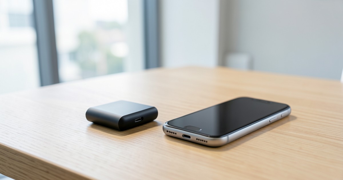 木のデスクの上に置かれたコンパクトなモバイルバッテリーとスマートフォン