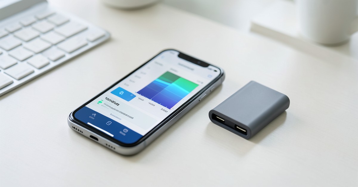デスクの上に置かれたスマートフォンと、洗練されたデザインのコンパクトなモバイルバッテリー。