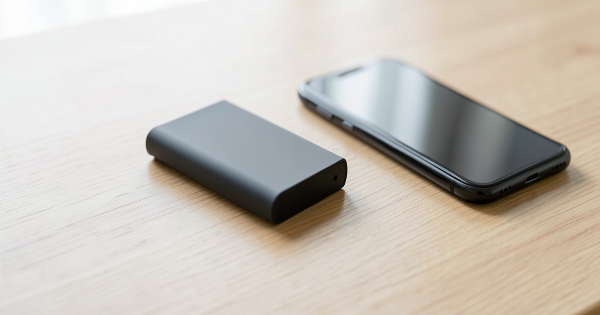 木のデスクの上に置かれた、コンパクトで洗練されたデザインのモバイルバッテリーとスマートフォン。