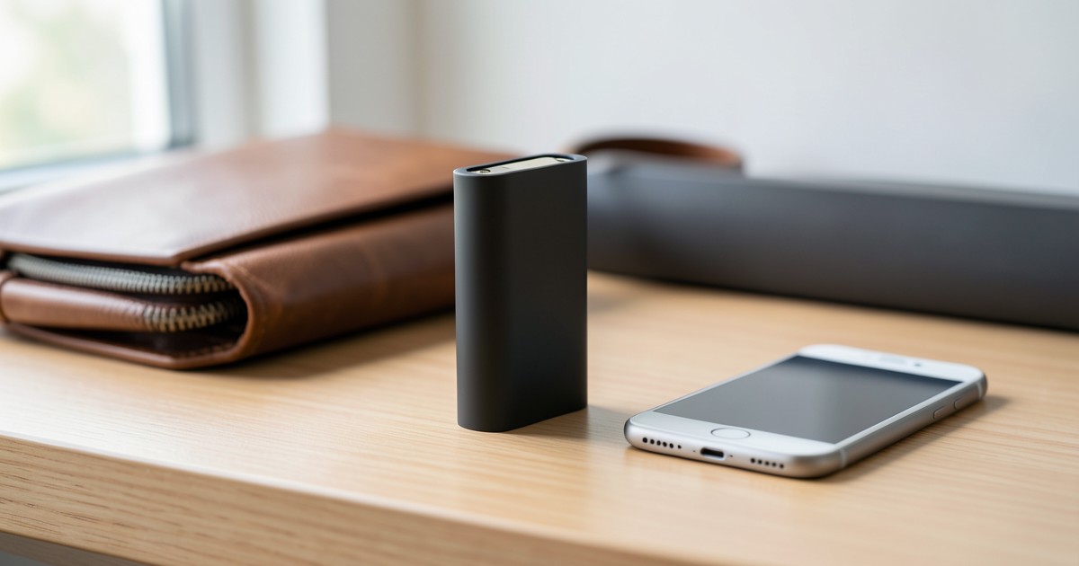 木製のデスクの上に置かれた、スタイリッシュで丈夫そうなモバイルバッテリーとビジネスバッグの風景。
