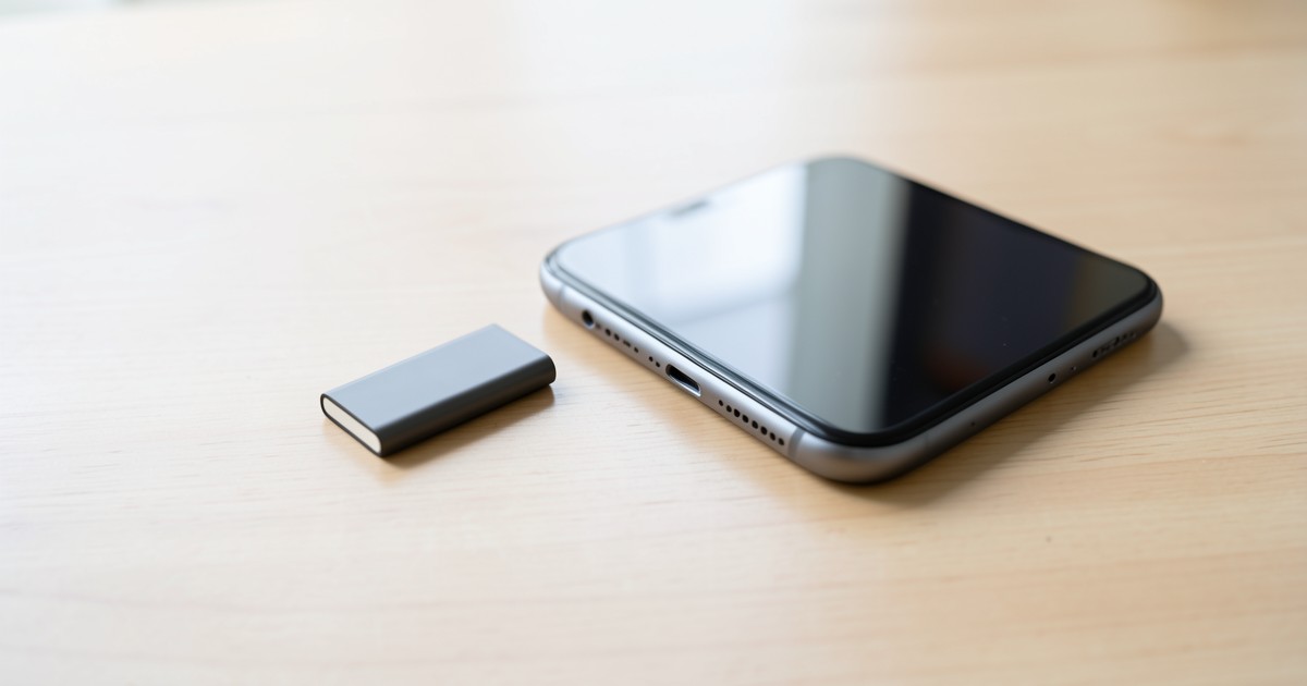 木のデスクの上に置かれた薄型のモバイルバッテリーとスマートフォンの様子。
