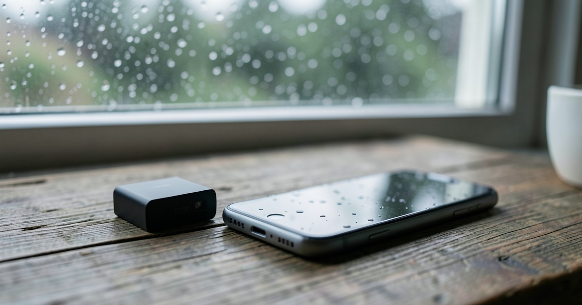 雨の日の窓辺にある木製テーブルに置かれたモバイルバッテリーとスマートフォンの風景