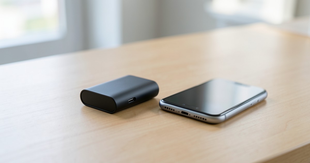 ミニマルなデスクに置かれたスマートフォンとスリムなモバイルバッテリー