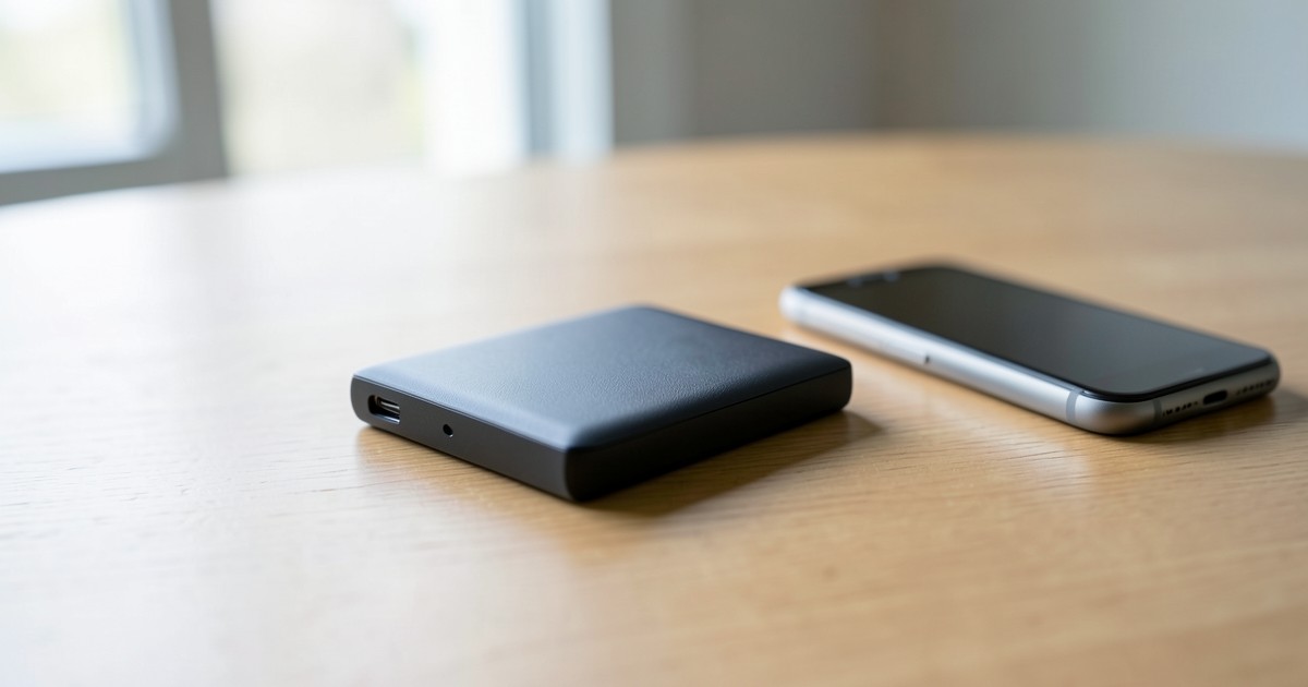木のテーブルの上に置かれた、スタイリッシュで頑丈そうなモバイルバッテリーの画像。