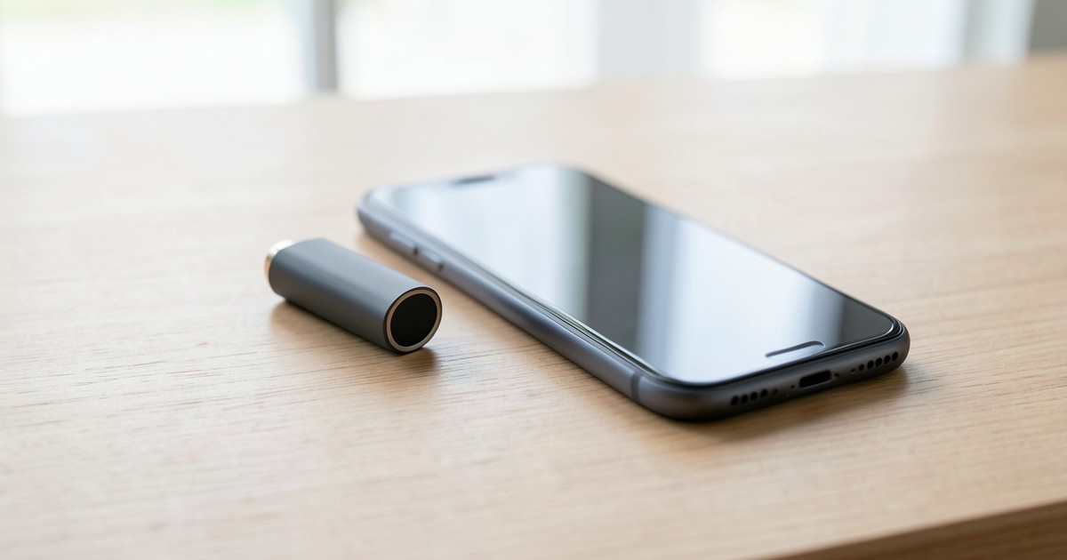 デスクの上に置かれたスマートフォンと薄型のモバイルバッテリーの様子。