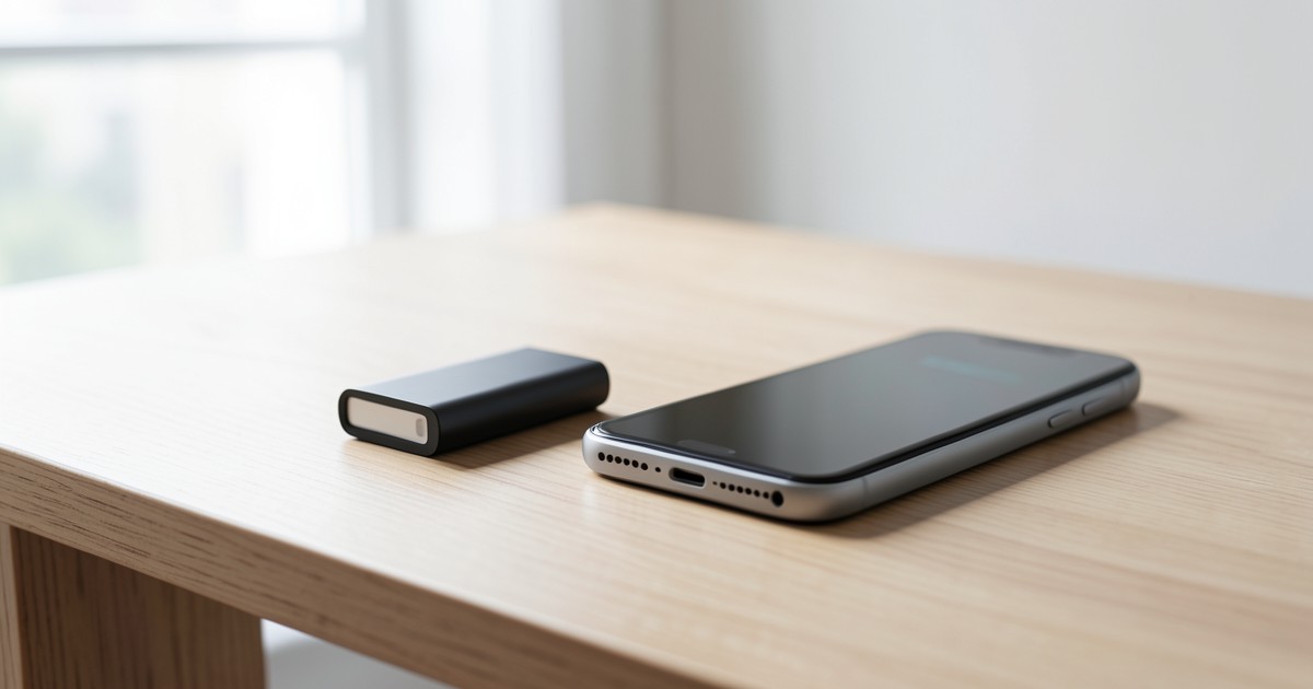 木製のテーブルの上に置かれたスタイリッシュなモバイルバッテリーとスマートフォンの様子