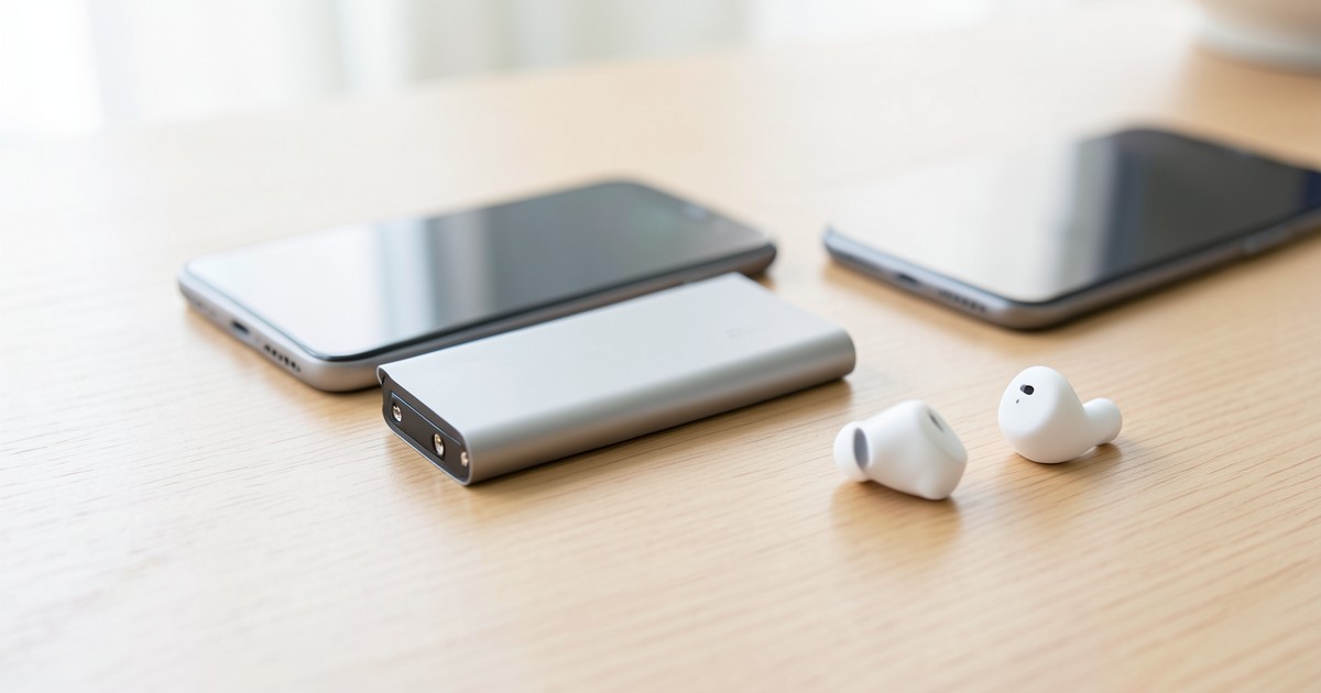 木製のデスクの上に置かれた薄型の折りたたみ式モバイルバッテリー。