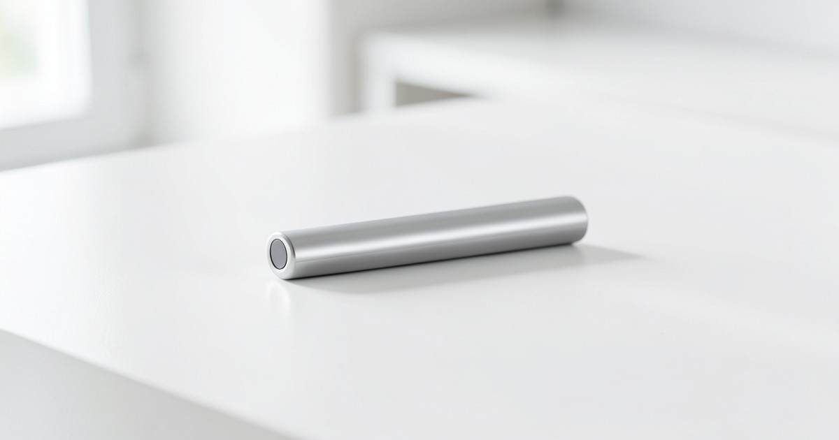 白を基調としたミニマルなデスクの上に置かれた、非常に薄くスタイリッシュなモバイルバッテリーのイメージ画像。