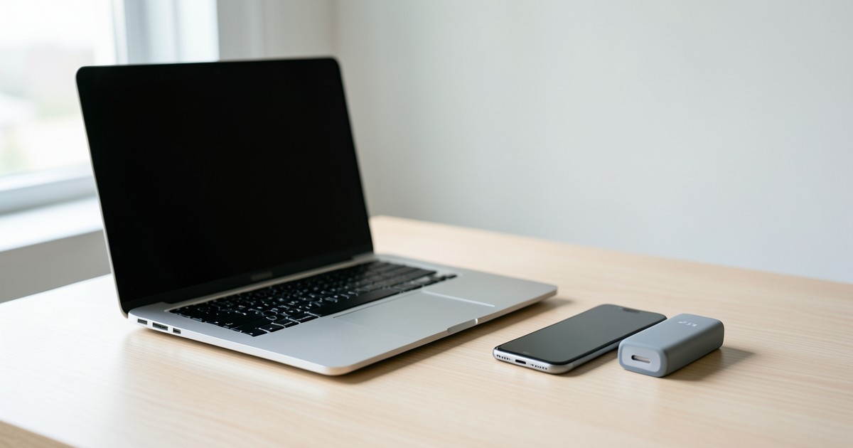 木製のデスクの上に置かれたノートPC、スマートフォン、そしてコンパクトなモバイルバッテリーの風景