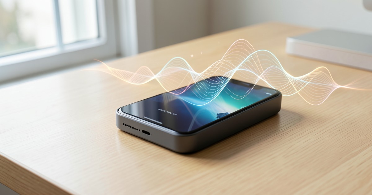 木目調のデスクに置かれたスマートフォンとワイヤレス充電用モバイルバッテリーの俯瞰図。