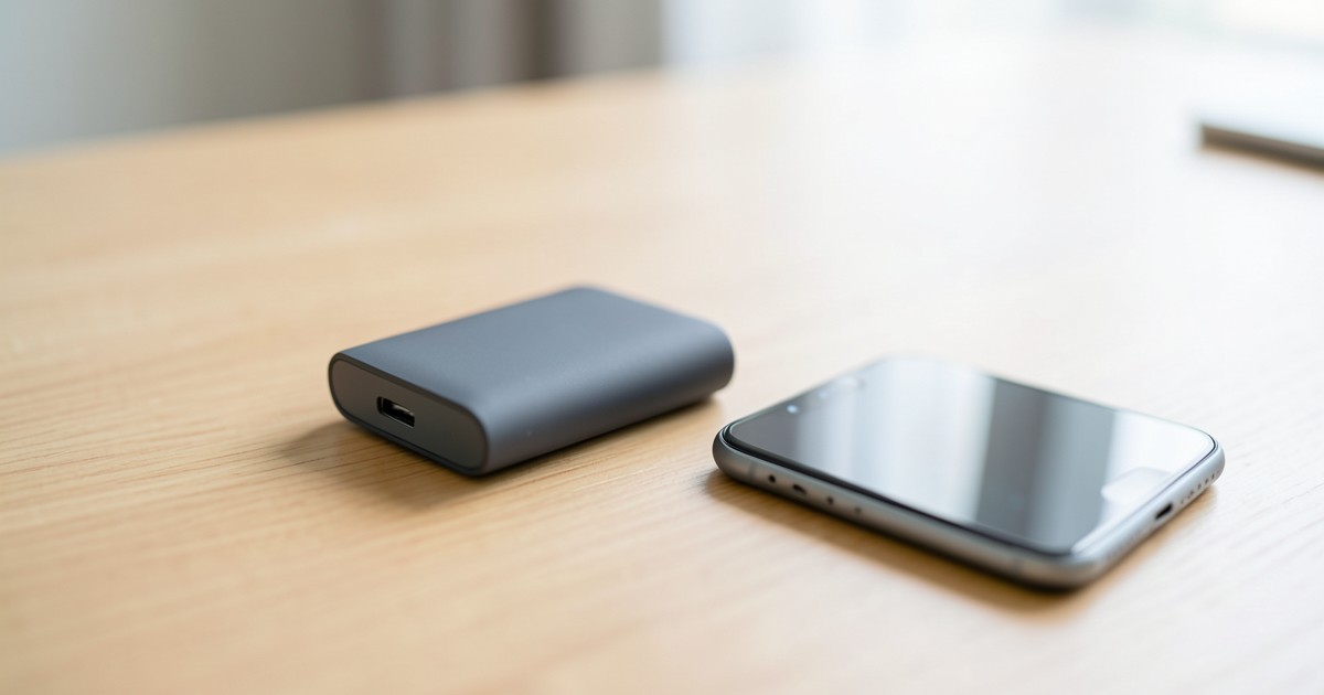 木のデスクの上に置かれたスマートなモバイルバッテリーとスマートフォンの様子