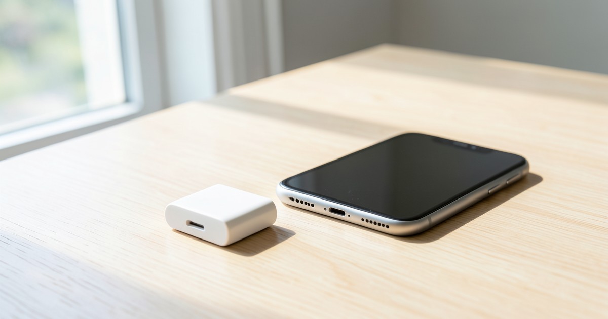 木目調のテーブルの上に置かれた、白くてスタイリッシュなモバイルバッテリーとスマートフォンの風景。