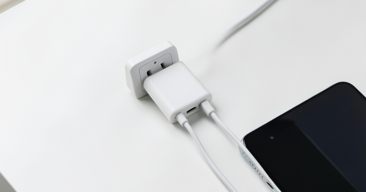 デスクに設置された小型の軽量家庭用充電器と、接続されたスマートフォンやタブレットの様子。