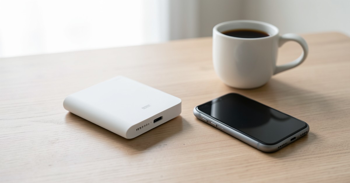 木の机の上に置かれたスタイリッシュなモバイルバッテリーとスマートフォンの風景。