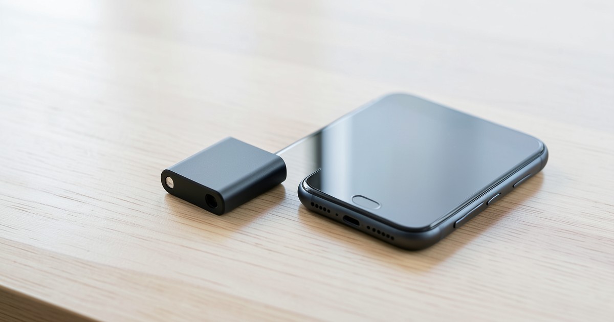 シンプルな木製デスクの上に置かれた、コンパクトなモバイルバッテリーとスマートフォン。