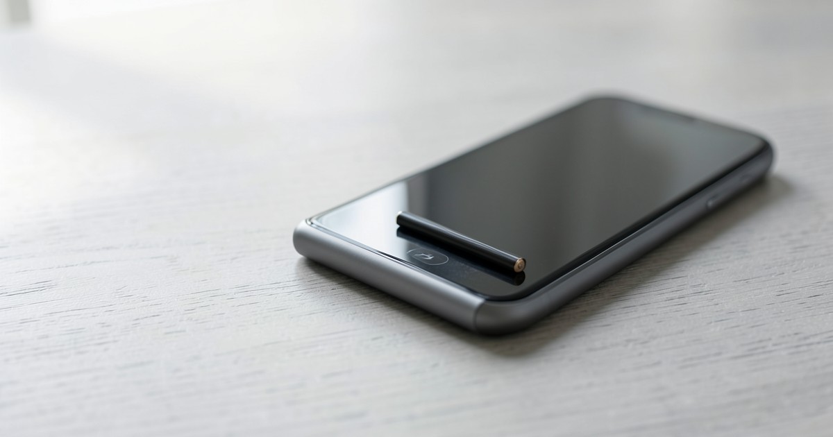 シンプルな木製デスクの上に置かれた、スタイリッシュで薄型のモバイルバッテリーとスマートフォンの様子。