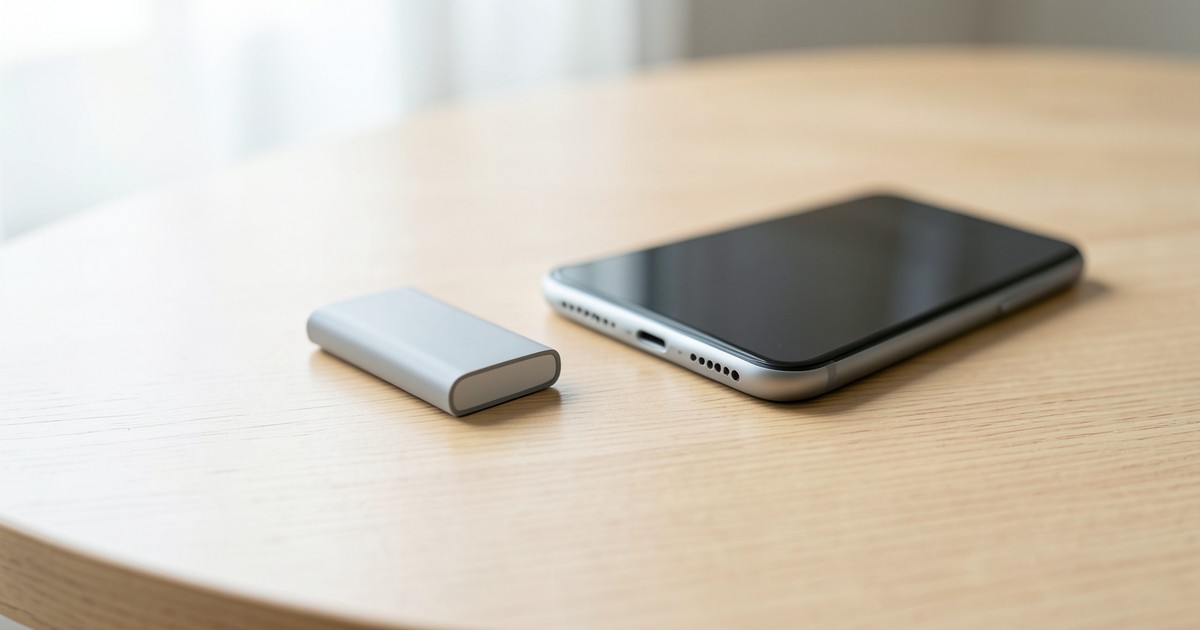 木のデスクの上に置かれた、薄型で軽量なモバイルバッテリーとスマートフォンの様子。