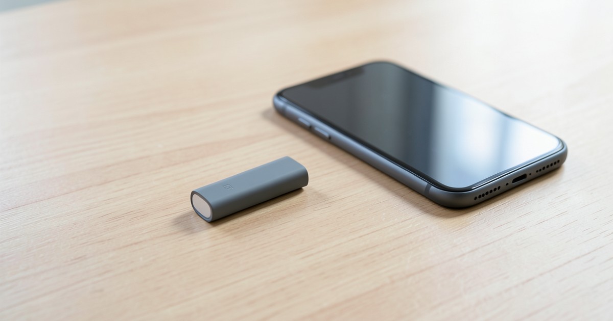 清潔感のある木製のテーブルの上に置かれた、スタイリッシュで薄型のモバイルバッテリーとスマートフォンの様子